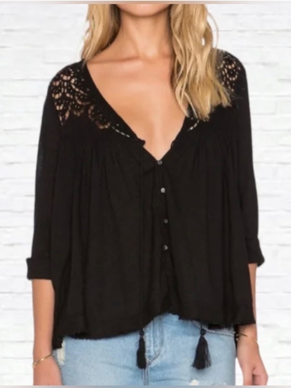 Black Lace-Shoulder Tie Front Women’s Top